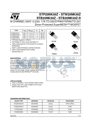 STB20NK50Z datasheet - N-CHANNEL 500V -0.23 OHM - 17A TO-220/D2PAK/I2SPAK/TO-247