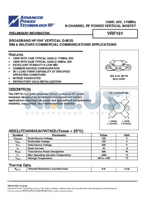 VRF151 datasheet - N-CHANNEL RF POWER VERTICAL MOSFET