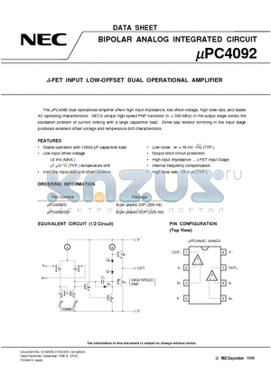 UPC4092C datasheet - J-FET INPUT LOW-OFFSET DUAL OPERATIONAL AMPLIFIER