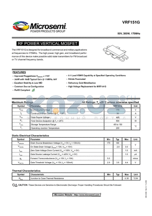 VRF151G datasheet - RF POWER VERTICAL MOSFET