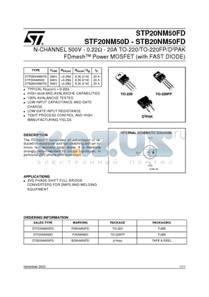 STB20NM50FD datasheet - N-CHANNEL 500V - 0.22W - 20A TO-220/TO-220FP/D2PAK FDmesh Power MOSFET (with FAST DIODE)
