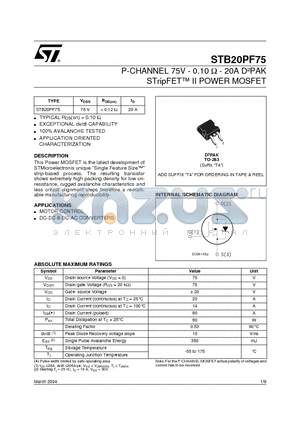 STB20PF75 datasheet - P-CHANNEL 75V - 0.10  - 20A DbPAK STripFET II POWER MOSFET