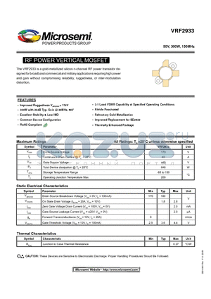 VRF2933 datasheet - RF POWER VERTICAL MOSFET