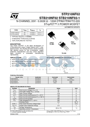 STB210NF02 datasheet - N-CHANNEL 20V - 0.0026 ohm - 120A DbPAK/IbPAK/TO-220 STripFET II POWER MOSFET