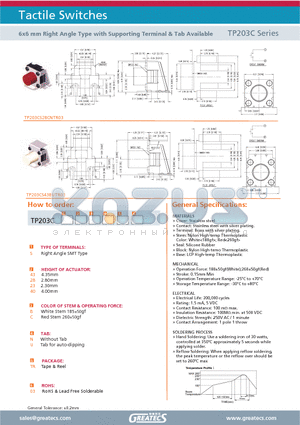 TP203C datasheet - 6x6 mm Right Angle Type with Supporting Terminal & Tab Available