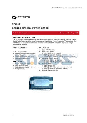 TP2050 datasheet - STEREO 50W (8Y) POWER STAGE