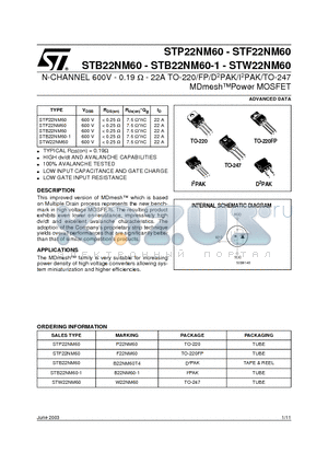 STB22NM60-1 datasheet - N-CHANNEL 600V - 0.19 ohm - 22A TO-220/FP/D2PAK/I2PAK/TO-247 MDmeshPower MOSFET