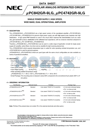 UPC4742GR-9LG-E2-A datasheet - BIPOLAR ANALOG INTEGRATED CIRCUIT SINGLE POWER SUPPLY, HIGH SPEED, WIDE BAND, DUAL OPERATIONAL AMPLIFIERS