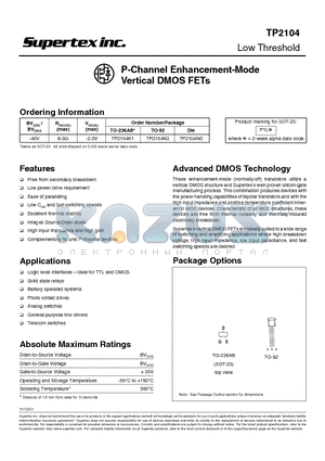 TP2104N3 datasheet - P-Channel Enhancement-Mode Vertical DMOS FETs