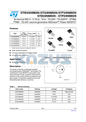 STB24NM65N datasheet - N-channel 650 V - 0.16 Y - 19 A - TO-220 - TO-220FP - D2PAK I2PAK - TO-247 second generation MDmesh Power MOSFET