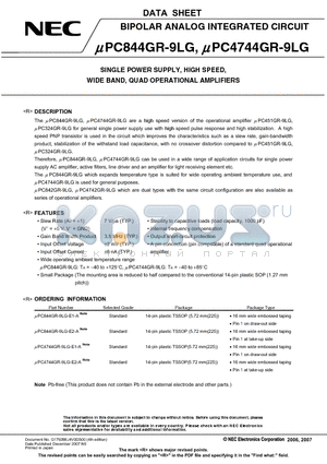 UPC4744GR-9LG-E1-A datasheet - BIPOLAR ANALOG INTEGRATED CIRCUIT SINGLE POWER SUPPLY, HIGH SPEED, WIDE BAND, QUAD OPERATIONAL AMPLIFIERS