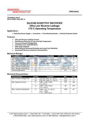 SHD126423 datasheet - SILICON SCHOTTKY RECTIFIER Ultra Low Reverse Leakage 175C Operating Temperature