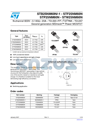 STB25NM60N datasheet - N-channel 600V - 0.140Y - 20A - TO-220 /FP- I2/D2PAK - TO-247 Second generation MDmesh Power MOSFET