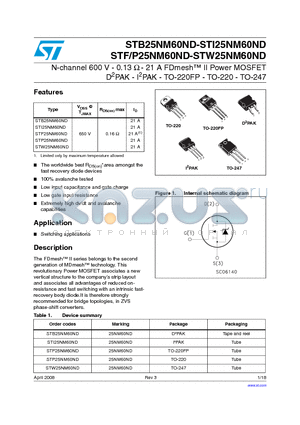 STB25NM60ND datasheet - N-channel 600 V - 0.13 Y - 21 A FDmesh II Power MOSFET D2PAK - I2PAK - TO-220FP - TO-220 - TO-247