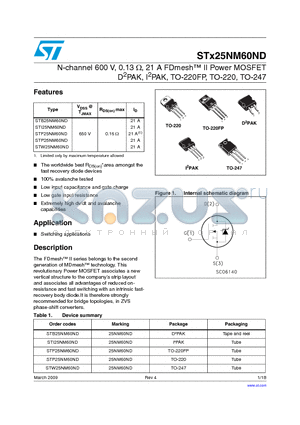 STB25NM60ND datasheet - N-channel 600 V, 0.13 Y, 21 A FDmesh II Power MOSFET D2PAK, I2PAK, TO-220FP, TO-220, TO-247