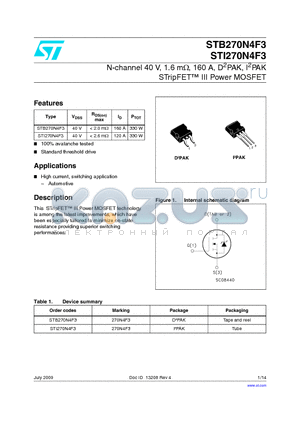 STB270N4F3 datasheet - N-channel 40 V, 1.6 mY, 160 A, D2PAK, I2PAK STripFET III Power MOSFET