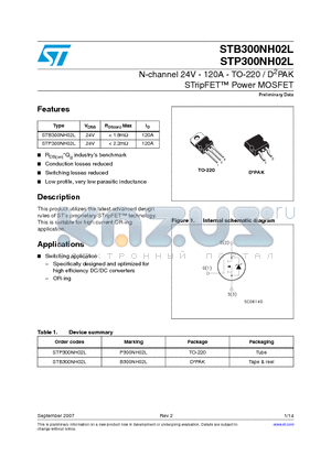 STB300NH02L_0709 datasheet - N-channel 24V - 120A - TO-220 / D2PAK STripFET Power MOSFET