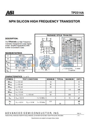 TP2314A datasheet - NPN SILICON HIGH FREQUENCY TRANSISTOR