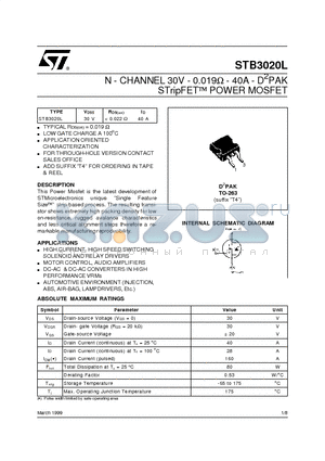 STB3020L datasheet - N - CHANNEL 30V - 0.019ohm - 40A - D2PAK STripFET] POWER MOSFET