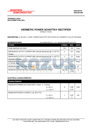 SHD130145 datasheet - HERMETIC POWER SCHOTTKY RECTIFIER