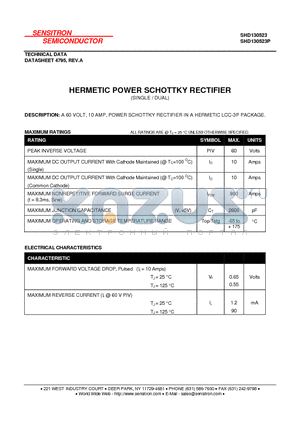 SHD130523 datasheet - HERMETIC POWER SCHOTTKY RECTIFIER