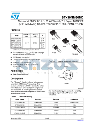 STB30NM60ND datasheet - N-channel 600 V, 0.11 Y, 25 A FDmesh II Power MOSFET (with fast diode) TO-220, TO-220FP, D2PAK, I2PAK, TO-247