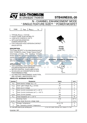 STB40NE03L-20 datasheet - N - CHANNEL ENHANCEMENT MODE  SINGLE FEATURE SIZE  POWER MOSFET