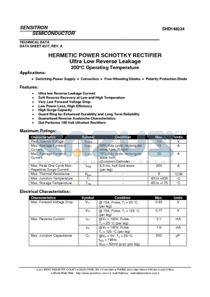 SHD148234 datasheet - HERMETIC POWER SCHOTTKY RECTIFIER Ultra Low Reverse Leakage 200`C Operating Temperature