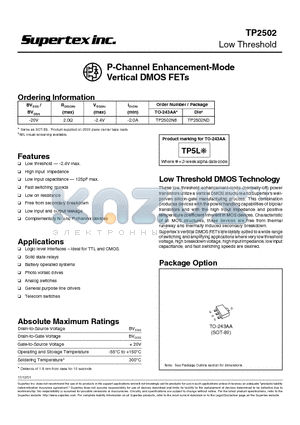 TP2502 datasheet - P-Channel Enhancement-Mode Vertical DMOS FETs