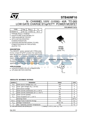 STB40NF10 datasheet - N - CHANNEL 100V - 0.030W - 40ohm TO-263 LOW GATE CHARGE STripFET POWER MOSFET