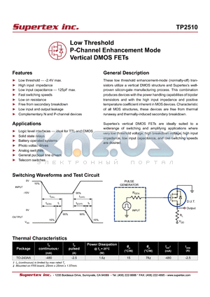 TP2510 datasheet - Low Threshold P-Channel Enhancement Mode Vertical DMOS FETs