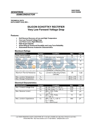 SHD176222B datasheet - SILICON SCHOTTKY RECTIFIER Very Low Forward Voltage Drop