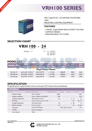VRH100-12 datasheet - 2PH / Single PH AC - DC DIN RAIL MOUNTABLE 100W INDUSTRIAL CONTROL EQUIPMENT