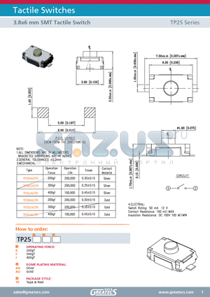 TP25 datasheet - 3.8x6 mm SMT Tactile Switch