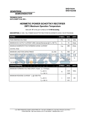 SHD176244B datasheet - HERMETIC POWER SCHOTTKY RECTIFIER 200`C Maximum Operation Temperature