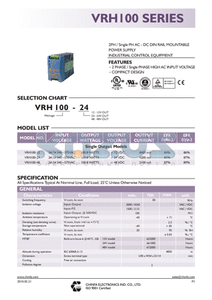 VRH100-12 datasheet - 2PH / Single PH AC - DC DIN RAIL MOUNTABLE