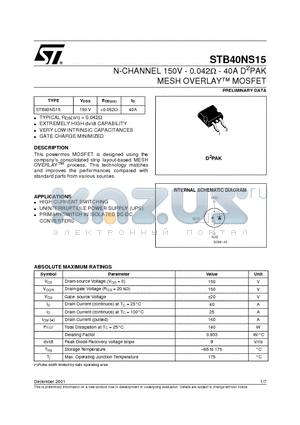 STB40NS15 datasheet - N-CHANNEL 150V - 0.042ohm - 40A D2PAK MESH OVERLAY MOSFET