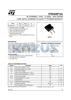 STB40NF10L datasheet - N-CHANNEL 100V - 0.028ohm - 40A D2PAK LOW GATE CHARGE STripFET POWER MOSFET