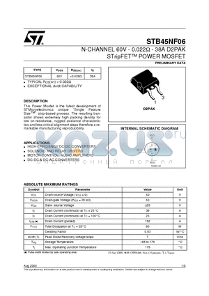 STB45NF06 datasheet - N-CHANNEL 60V - 0.022ohm - 38A D2PAK STripFET POWER MOSFET