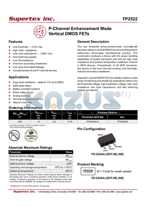 TP2522N8-G datasheet - P-Channel Enhancement Mode Vertical DMOS FETs