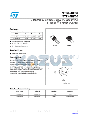 STB45NF06 datasheet - N-channel 60 V, 0.023 Y, 38 A TO-220, D2PAK STripFETTM II Power MOSFET