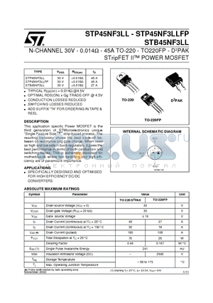 STB45NF3LL datasheet - N-CHANNEL 30V - 0.014ohm - 45A TO-220 - TO220FP - D2PAK STripFET II POWER MOSFET