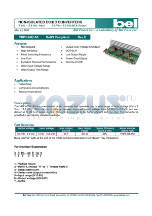 VRP3-60E1A0_10 datasheet - 5 Vdc - 13.8 Vdc Input 0.6 Vdc - 5.0 Vdc/60 A Output