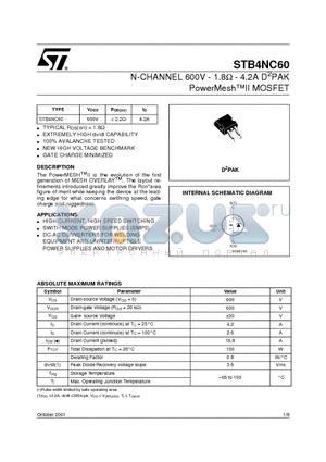 STB4NC60 datasheet - N-CHANNEL 600V - 1.8ohm - 4.2A D2PAK PowerMeshII MOSFET