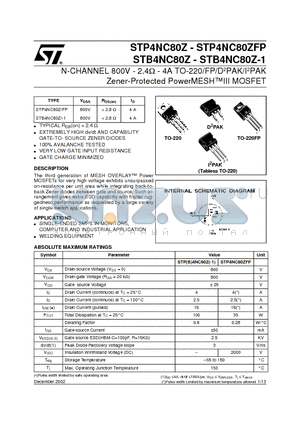 STB4NC80Z datasheet - N-CHANNEL 800V - 2.4ohm - 4A TO-220/FP/D2PAK/I2PAK Zener-Protected PowerMESHIII MOSFET