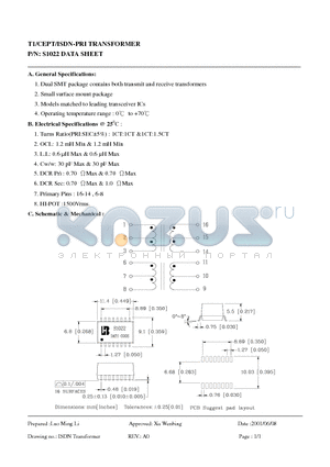 S1022 datasheet - T1/CEPT/ISDN-PRI TRANSFORMER