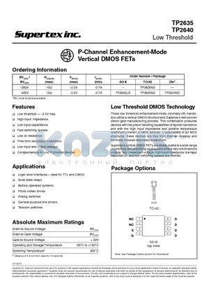 TP2635N3 datasheet - P-Channel Enhancement-Mode Vertical DMOS FETs