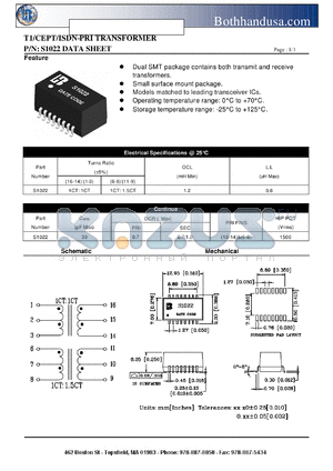 S1022 datasheet - T1/CEPT/ISDN-PRI TRANSFORMER