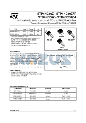 STB4NC80Z-1 datasheet - N-CHANNEL 800V - 2.4ohm - 4A TO-220/FP/D2PAK/I2PAK Zener-Protected PowerMESHIII MOSFET