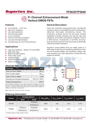 TP2635N3-G datasheet - P- Channel Enhancement-Mode Vertical DMOS FETs